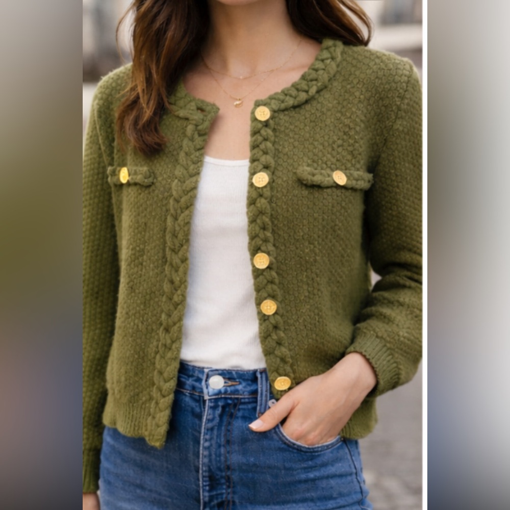 ANNA KAY French Cottagecore Olive Knit Cardigan Braided Trim Gold Buttons